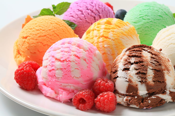 ice cream, berries, raspberry, blueberries, plate, sweets, dessert, HD wallpaper