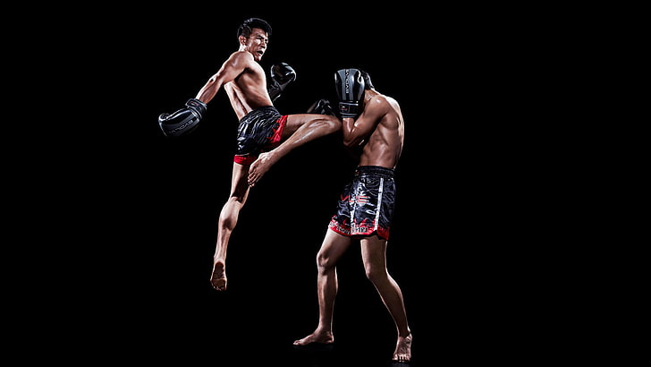 two men's black-and-red shorts, fighter, muay thai, kneed