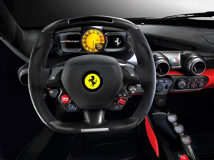 black Ferrari steering wheel, laferrari, salon, auto, car, technology, HD wallpaper