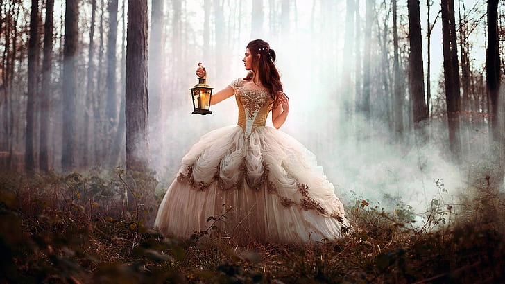 princess, forest, lantern, girl, vintage, dress, vintage dress, HD wallpaper
