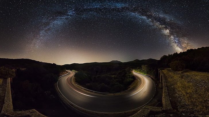 gray road between trees, nature, landscape, starry night, Milky Way, HD wallpaper