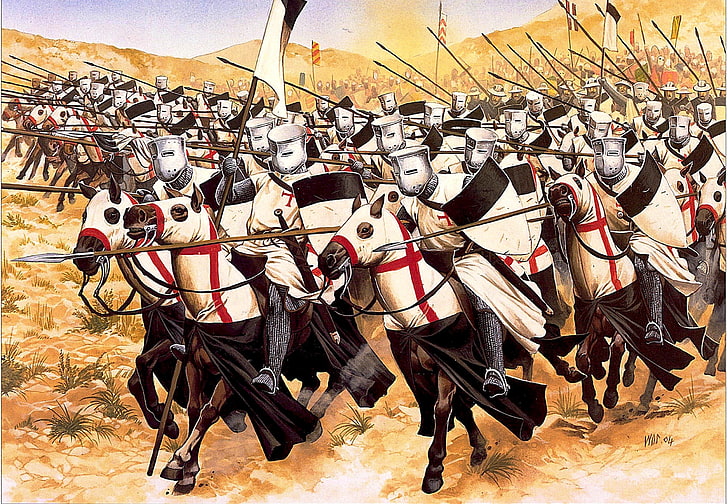 crusade knights digital wallpaper, attack, figure, horse, art