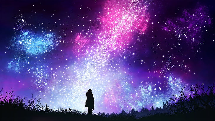 HD wallpaper: pink, purple, and blue galaxy stars, the sky, girl, space,  night | Wallpaper Flare