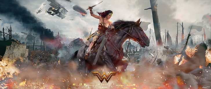 2017 Wonder Woman digital wallpaper, cinema, fire, battlefield