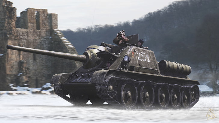 black battle tank, USSR, World War II, digital art, military, HD wallpaper