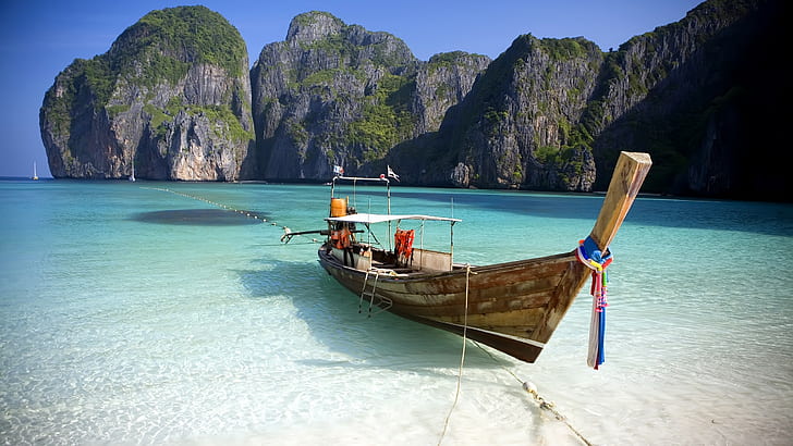 beach, boat, cliff, Phi Phi Islands, Asia, HD wallpaper
