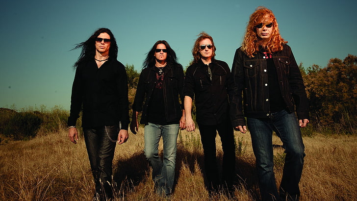 Megadeth band, hair, rockers, sky, glasses, outdoors, people