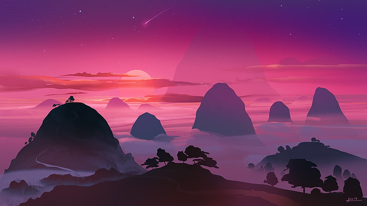 HD wallpaper: mountains illustration, artwork, sunset, sky, stars, beauty  in nature | Wallpaper Flare