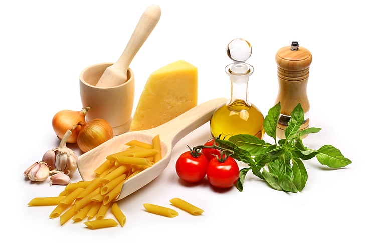 pasta, garlic, tomatoes and cheese, onions, oil, food, vegetable, HD wallpaper