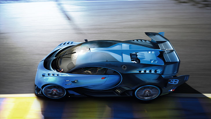 blue sports car, Bugatti, Vision, race, Gran Turismo, hypercar, HD wallpaper