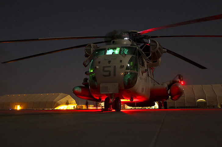 white 51 helicopter, night, USA, CH-53D, Sea, Marine corps, Stallion, HD wallpaper