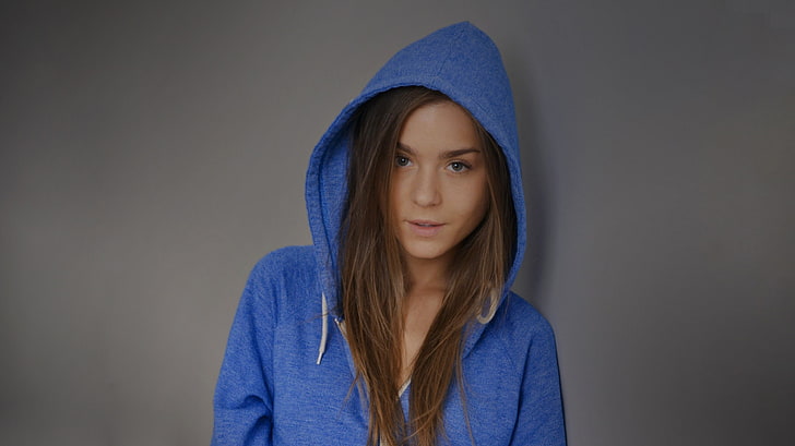 women's blue zip-up hoodie, Lily C, hoods, long hair, straight hair, HD wallpaper