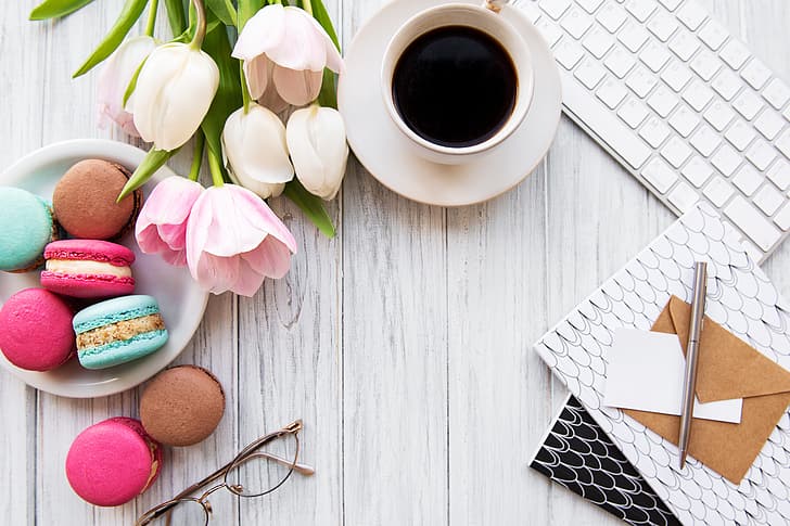 colorful, tulips, pink, coffee cup, macaroons, macaron, a Cup of coffee