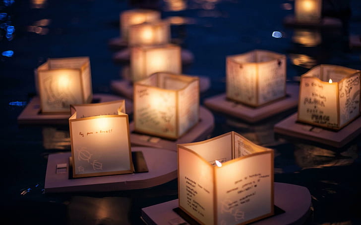 Floating Lanterns, view, lovely, lake, beautiful, water, peaceful, HD wallpaper