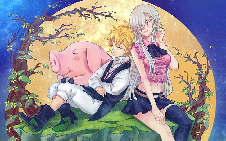 couple and pig near trees in animated photo, Nanatsu no Taizai