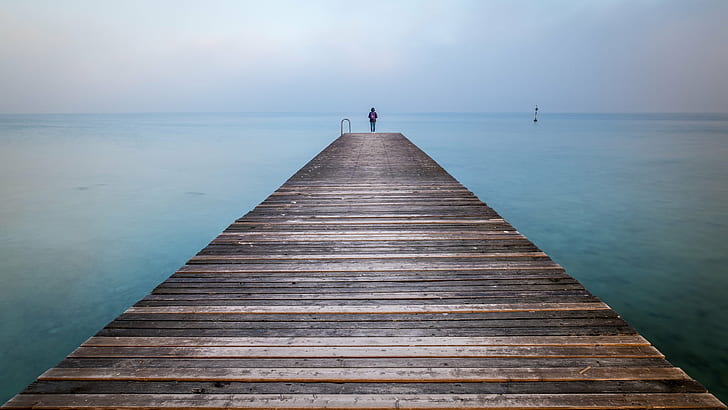 person standing on wooden dock during daytime, garda lake, sirmione, italy, garda lake, sirmione, italy, HD wallpaper