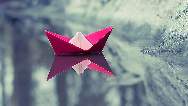 nature, origami, water, paper boats, minimalism, reflection