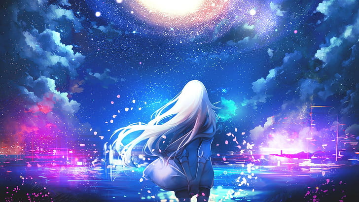 anime, white hair, anime girls, night sky, stars, colorful, HD wallpaper