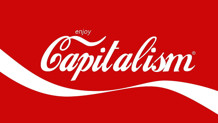 Enjoy Capitalism text, primary colors, Coca-Cola, red, white