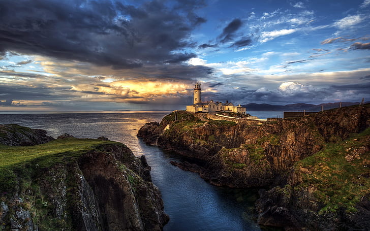 Ireland, lighthouse, ocean, seascape, sunset, clouds, HD wallpaper