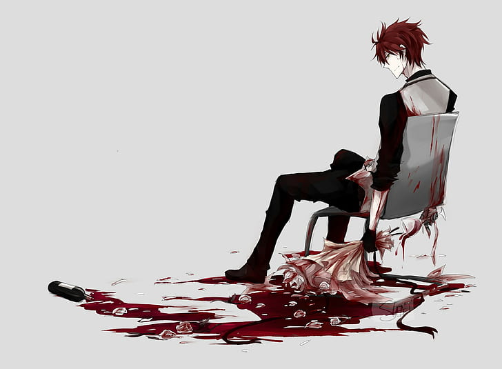 Anime Boy, Blood, Flowers, HD wallpaper