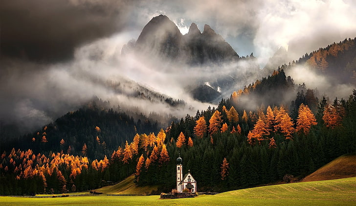 white cathedral, green and yellow larch trees, nature, landscape