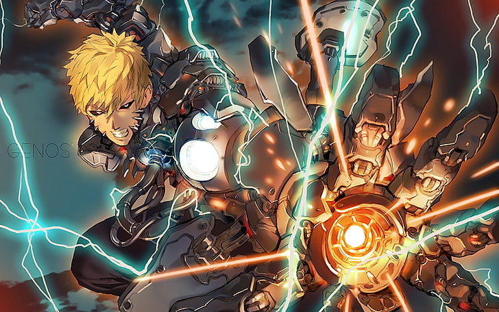 Genos wallpaper, One-Punch Man, lightning, cyborg, illuminated, HD wallpaper