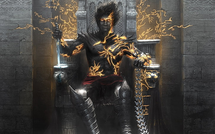 man sitting on chair illustration, prince of persia, knife, throne