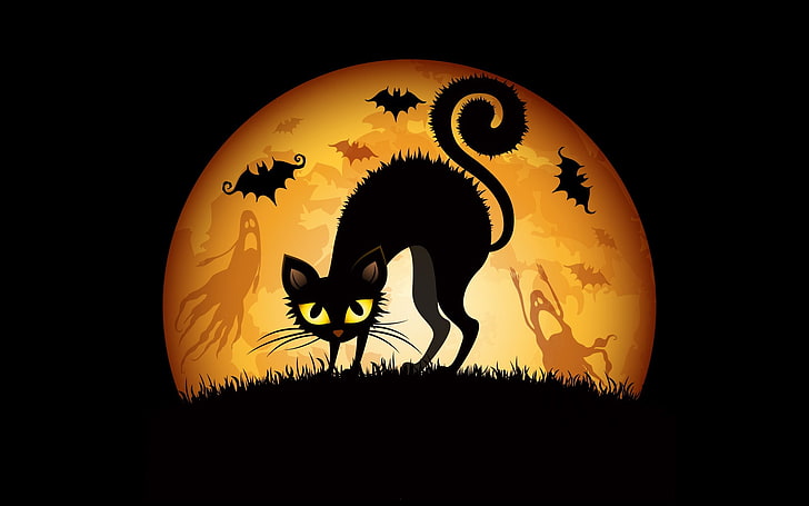 black cat illustration, Halloween, animals, fantasy art, silhouette, HD wallpaper