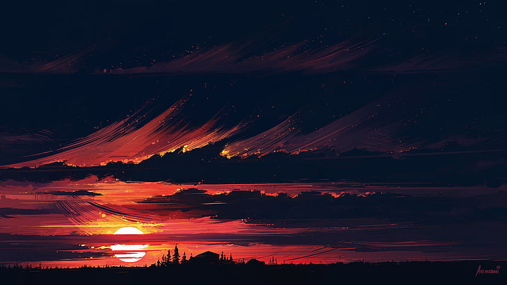 silhouette photography of body of water, artwork, sunset, Aenami