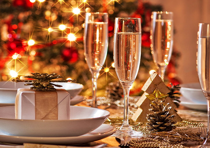 clear wine glass, holiday, gift, tree, glasses, champagne, herringbone, HD wallpaper