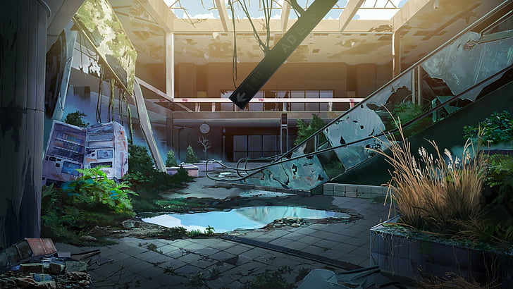 Anime, Original, Abandoned, Building, Escalator, Moss, Ruin, HD wallpaper