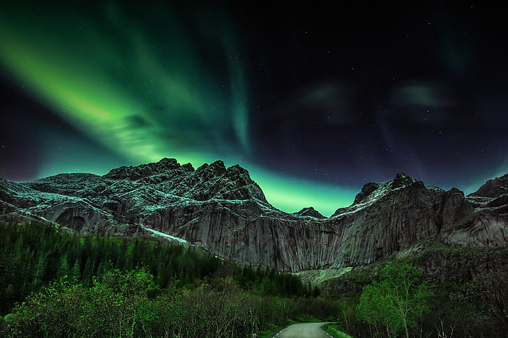 Norway northern lights, trees and mountain, road, mountains, night