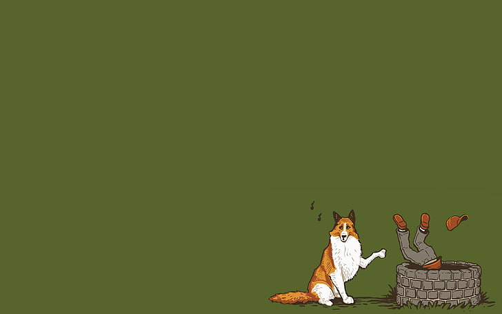 dog and man on well illustration, minimalism, humor, copy space, HD wallpaper