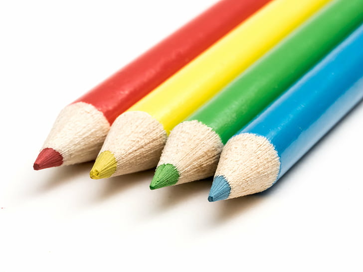 four blue, green, yellow, and red color pencils, Colouring, 60mm, HD wallpaper
