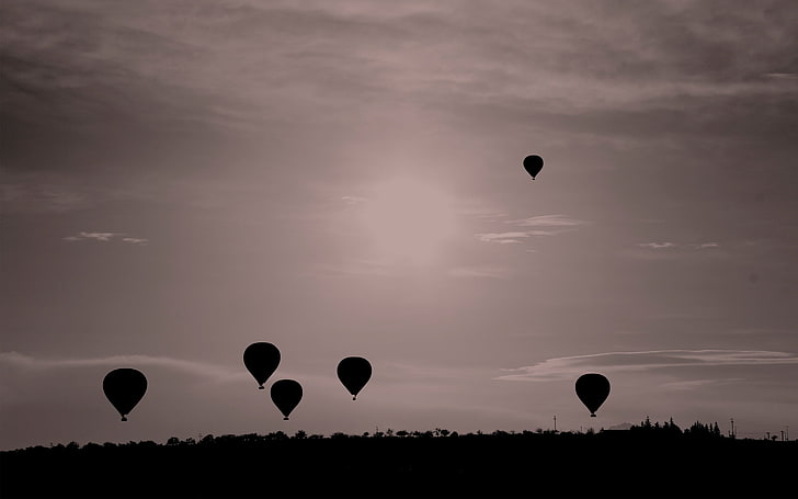 six hot air balloons, sky, landscape, flying, monochrome, nature