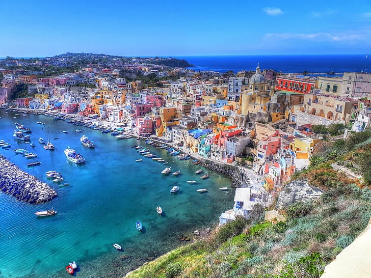 sea, coast, building, home, Bay, boats, Italy, Campania, harbour, HD wallpaper