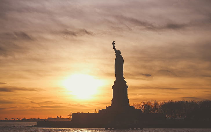 Statue of Liberty, sunset, sea, American