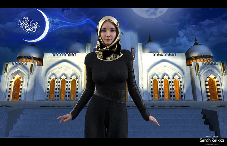 women, religious, scarf, black dress, render, 3d design, HD wallpaper