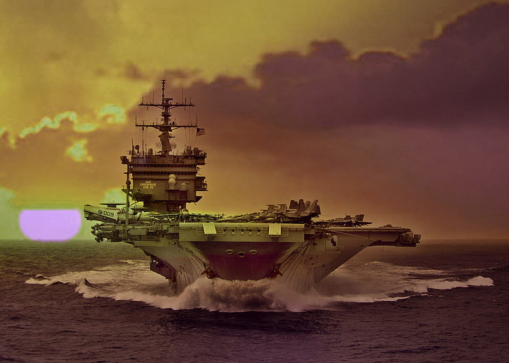 gray aircraft carrier, military, sky, sea, water, nature, nautical vessel