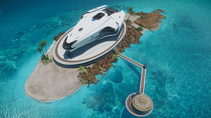 space ship illustration, Star Citizen, sea, island, spaceship