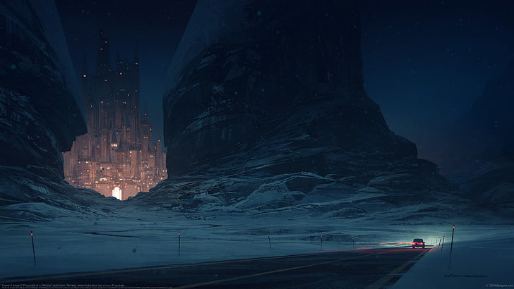 castle at night wallpaper, artwork, digital art, road, car, snow