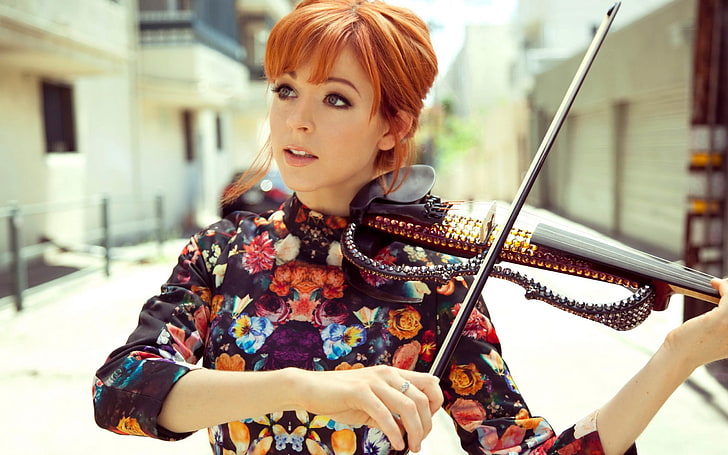 women, redhead, violin, bangs, dress, Lindsey Stirling, one person