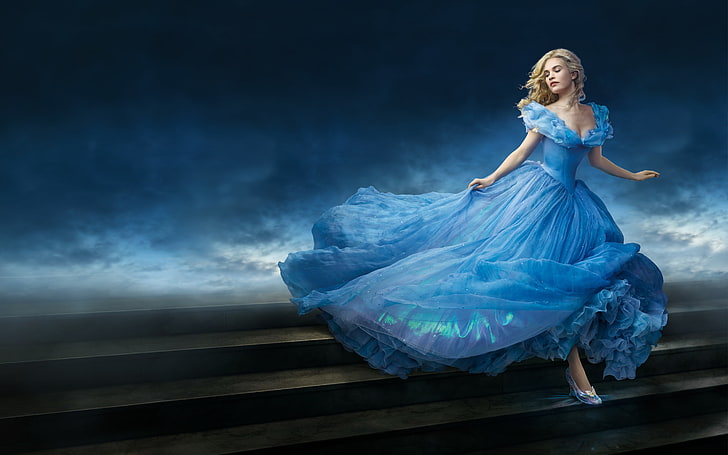 Lily James as Cinderella, full length, dress, one person, fashion