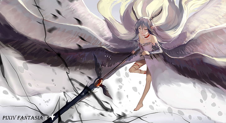 anime girls, wings, weapon, Pixiv Fantasia, real people, lifestyles, HD wallpaper