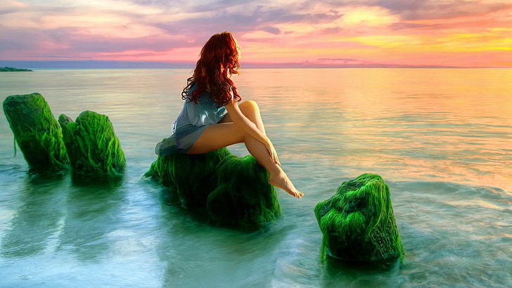 redhead, women, water, sea, one person, sunset, horizon over water