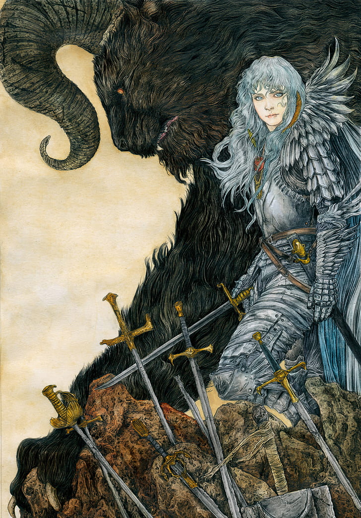 Berserk, armor, Griffith, Zodd, sword, artwork, creature, horns, HD wallpaper