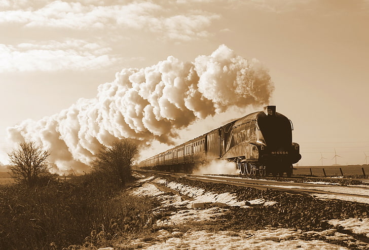 train illustration, vehicle, sepia, steam locomotive, rail transportation, HD wallpaper