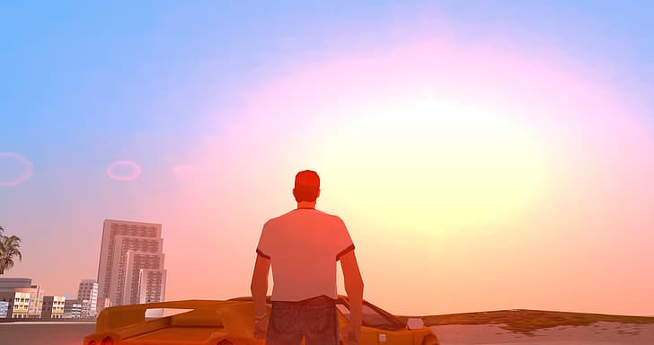 Grand Theft Auto Vice City, sunset, sun rays, Tommy Vercetti, HD wallpaper