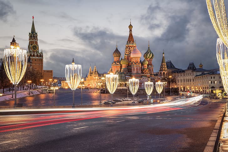 road, lights, Moscow, Cathedral, temple, St. Basil's Cathedral, HD wallpaper